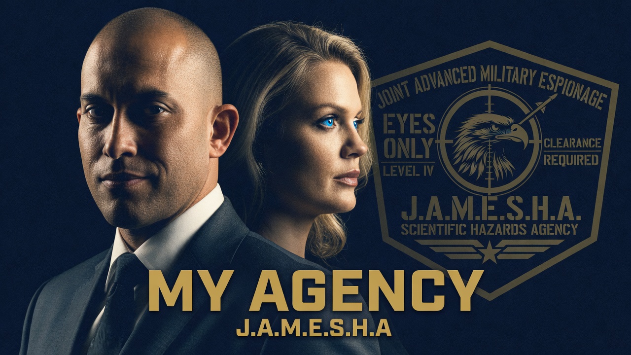 My Agency anthem title card &mdash; Commander and Night Shade with JAMESHA seal