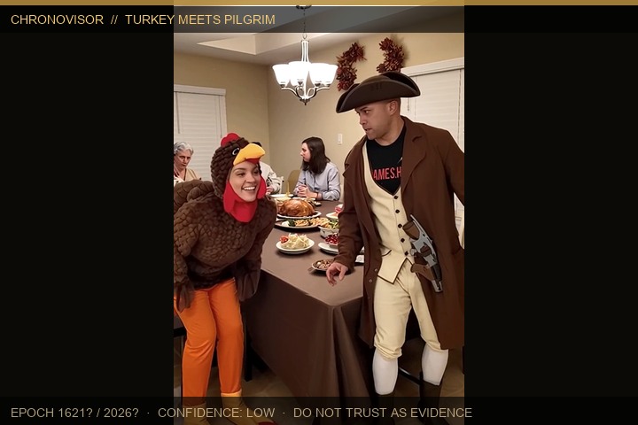 Night Shade in turkey costume and Commander as pilgrim at dinner table