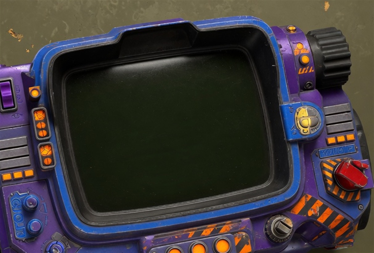 J.A.M.E.S.H.A. LT-01 Pip-Com console face &mdash; purple and blue chassis with orange hazard striping