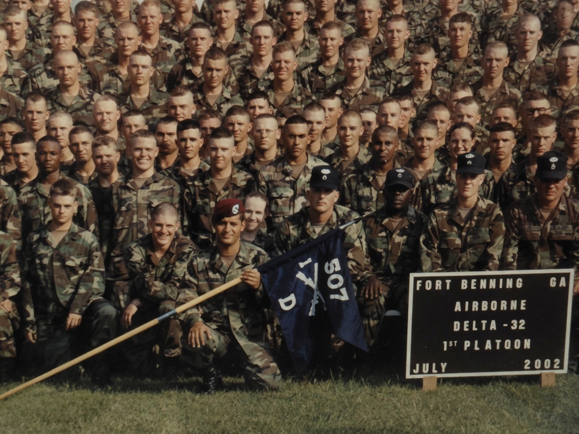 Airborne class group photo, Fort Benning Delta-32, July 2002 &mdash; find Commander in formation