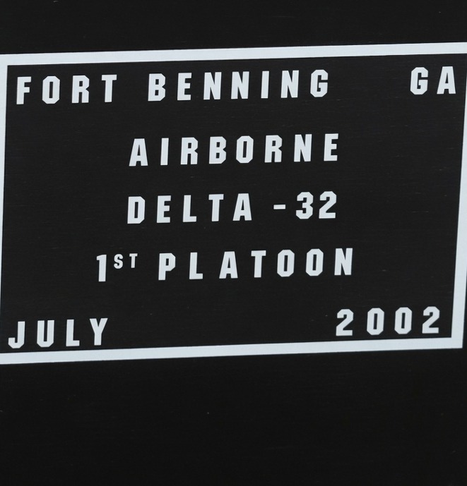 Black class sign: Fort Benning GA, Airborne, Delta-32, 1st Platoon, July 2002