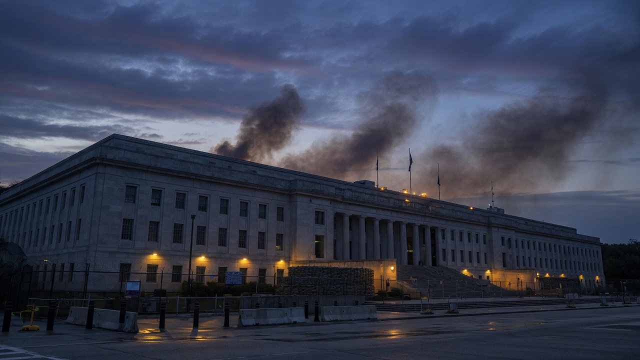 Somber architectural exterior under emergency lighting &mdash; memorial mood