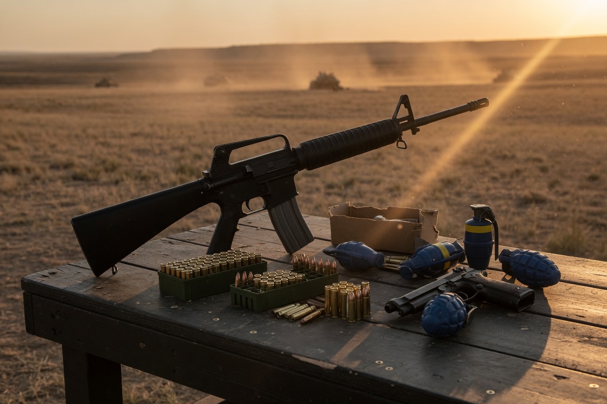 Tactical range still life &mdash; rifle and sidearm training aesthetic