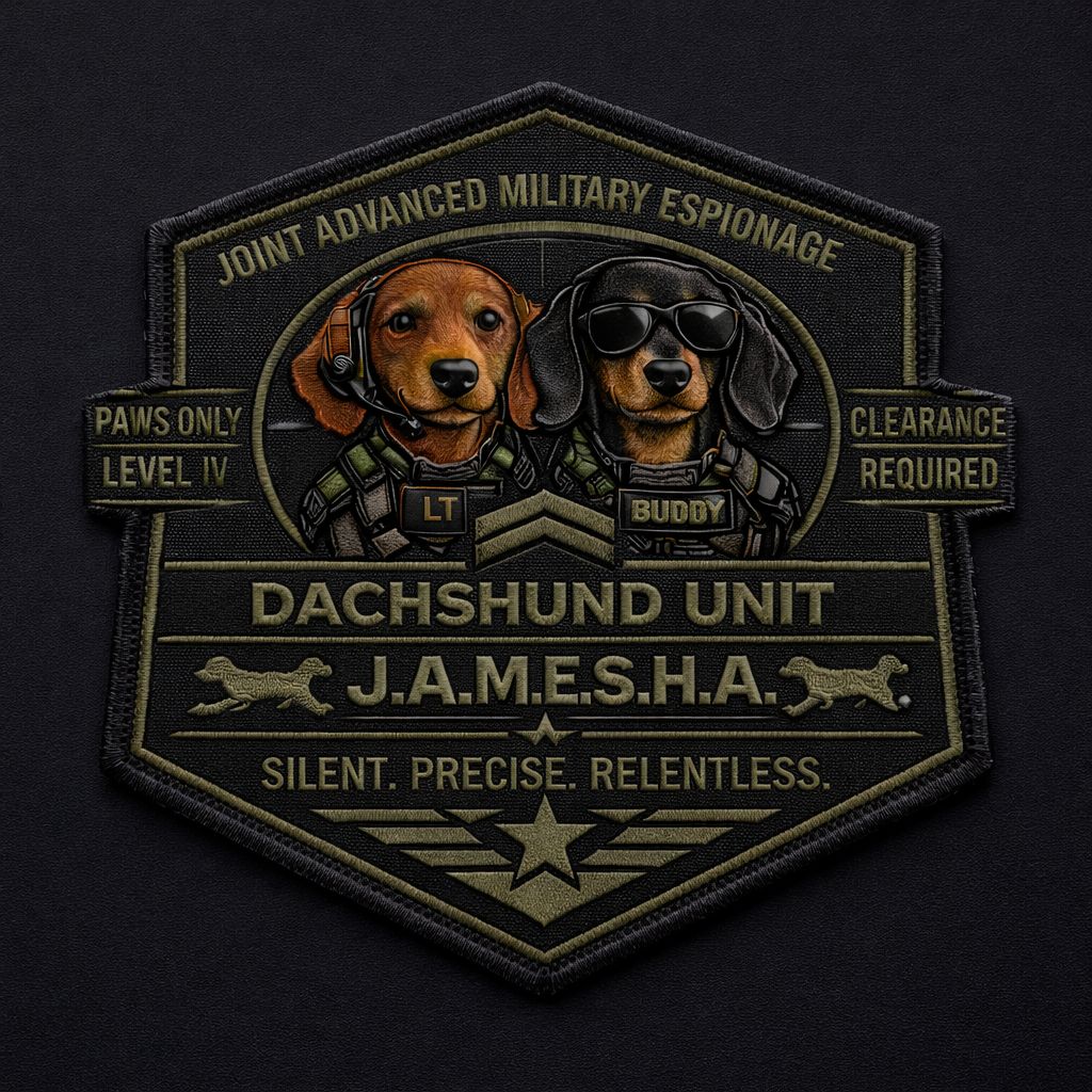 J.A.M.E.S.H.A. Dachshund Unit patch: two tactical dachshunds named LT and Buddy under the motto Silent. Precise. Relentless.