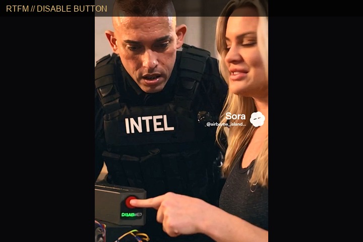 Night Shade pointing at the red disable button while Commander watches
