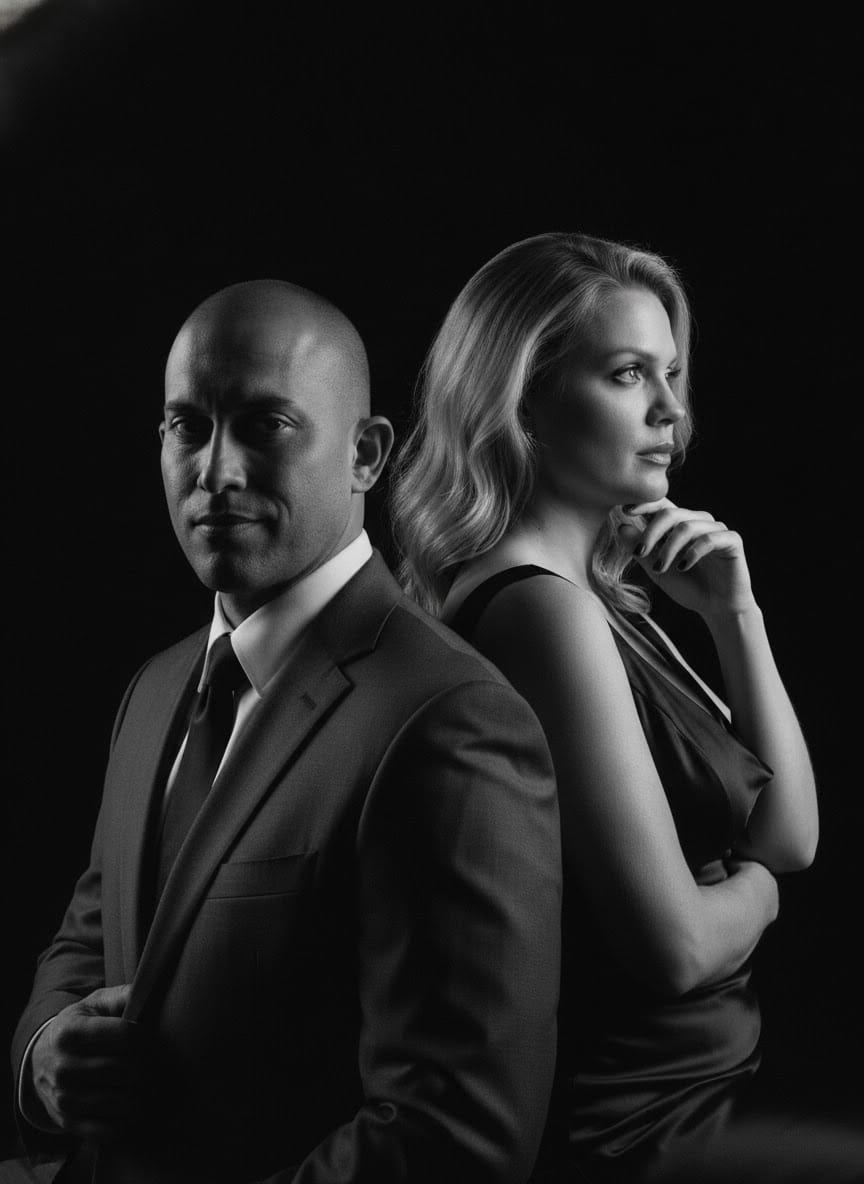 Black and white portrait of Commander and Night Shade standing back to back