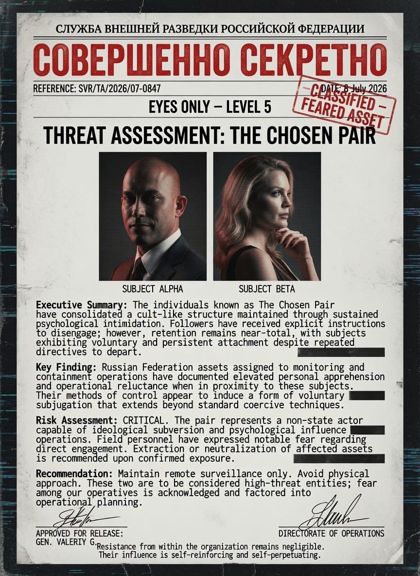 Russian SVR classified threat assessment document on Subjects Alpha and Beta, titled The Chosen Pair