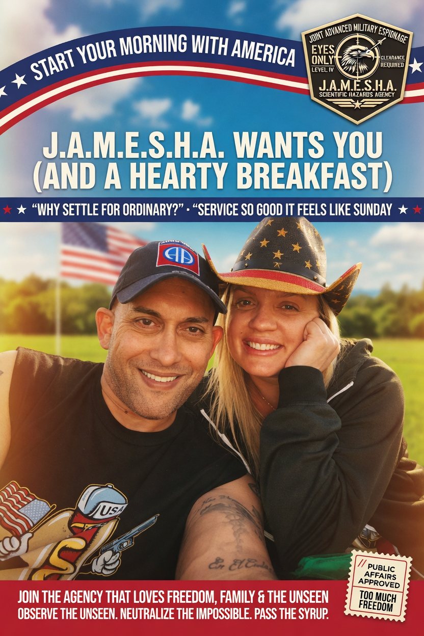 Sunny all-American JAMESHA recruitment poster: Commander and Night Shade smiling at sunrise with flag, breakfast-commercial style. Headline: J.A.M.E.S.H.A. Wants You and a Hearty Breakfast.