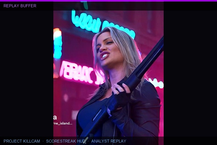 Night Shade under neon with shotgun