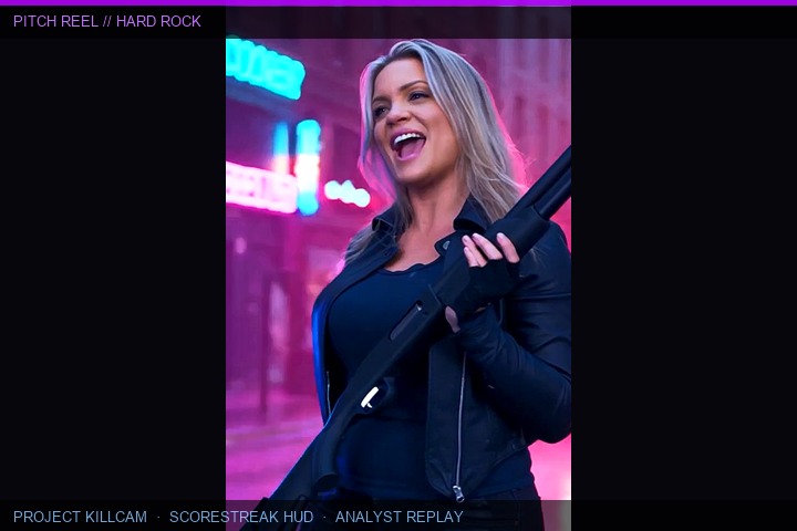 Night Shade smiling with shotgun under neon for the hard rock pitch