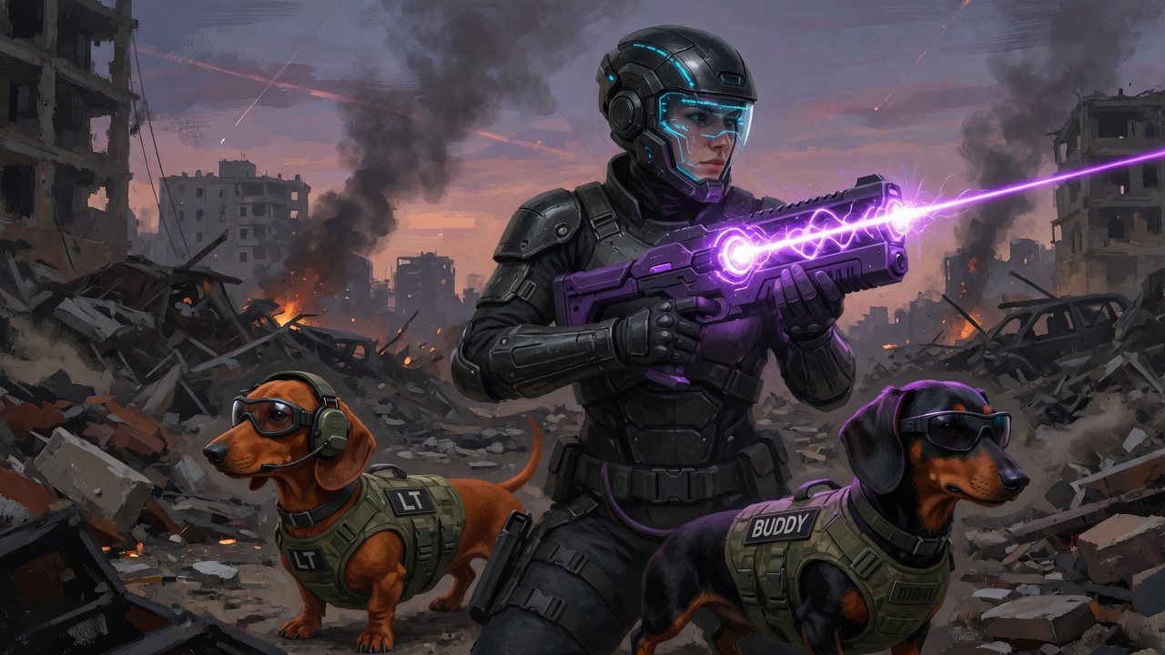 Painting of Night Shade in the field with tactical dachshunds LT and Buddy