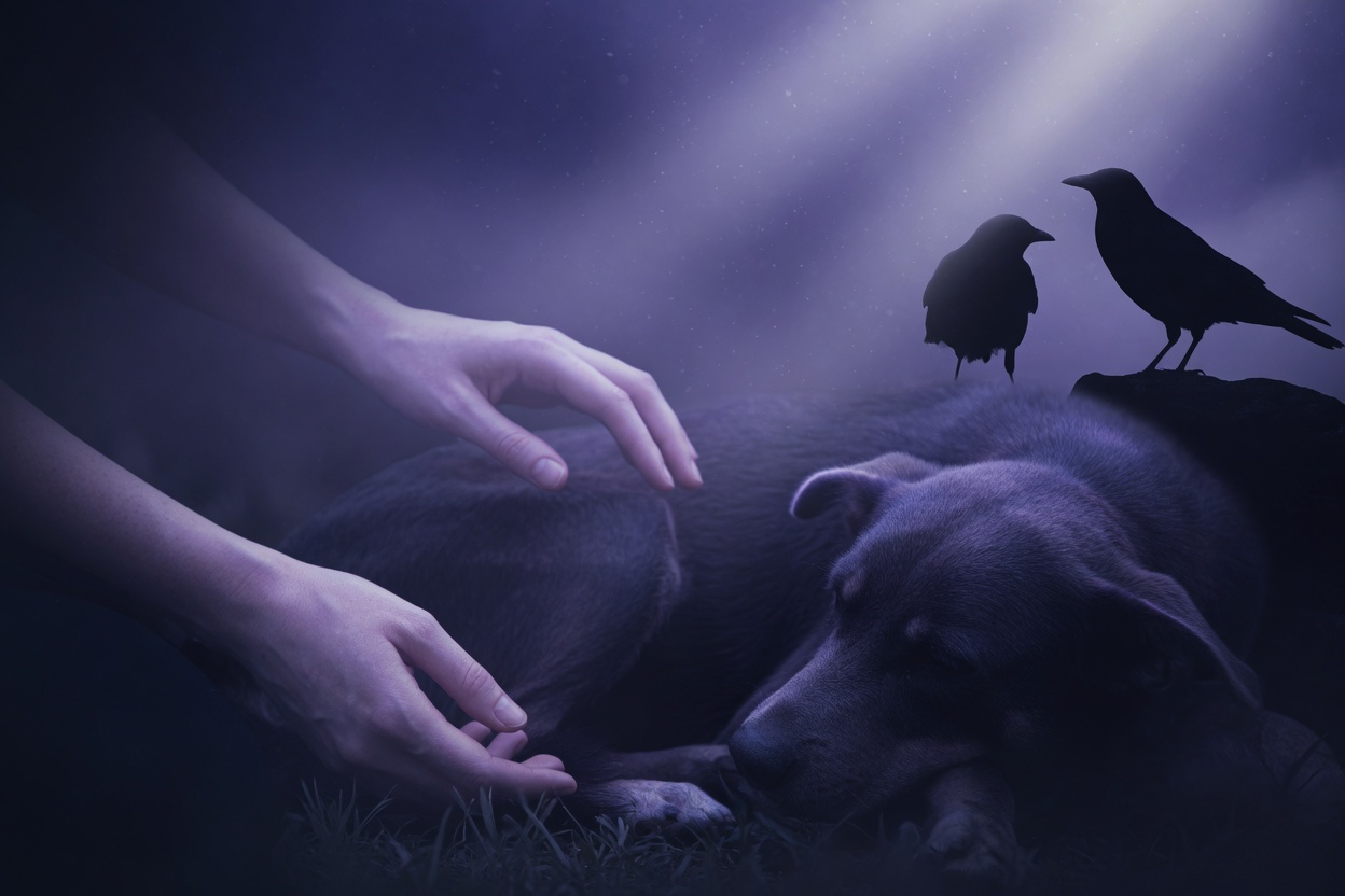 Atmospheric scene suggesting calm bond with animals in violet moonlight