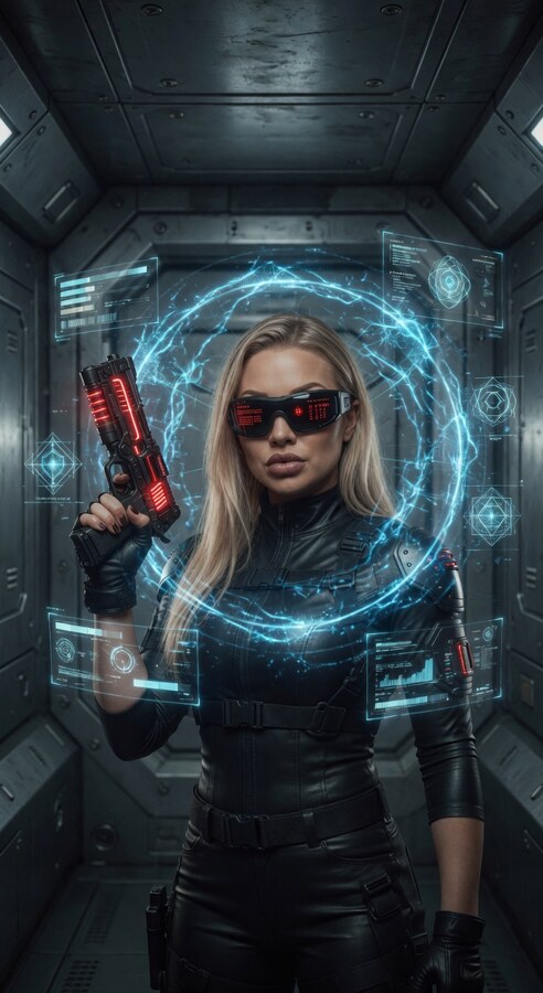 Agent Blue in a cyan neural-scan testing chamber &mdash; Operative Aptitude Battery OAB-7 key art