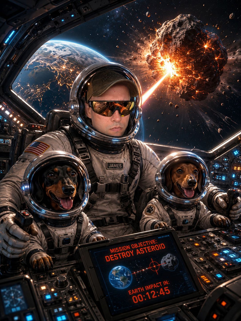 Classified cockpit footage: Commander James and dachshunds LT and Buddy in spacesuits piloting a craft toward an exploding asteroid above Earth.