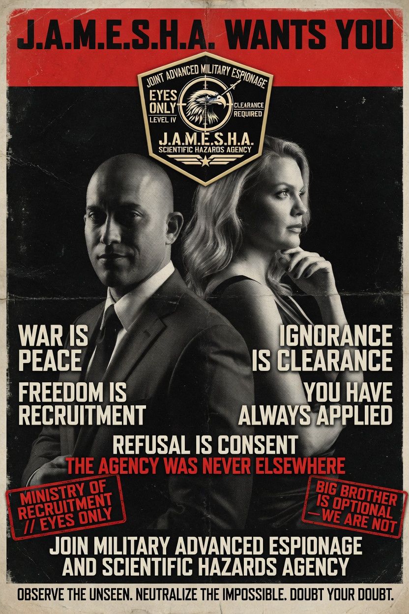 Orwellian 1984-style JAMESHA recruitment poster: Commander and Night Shade with agency shield and doublethink slogans