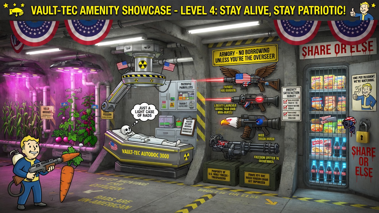 Bunker corridor with hydroponics, medical bay, armory, and locked snack pantry
