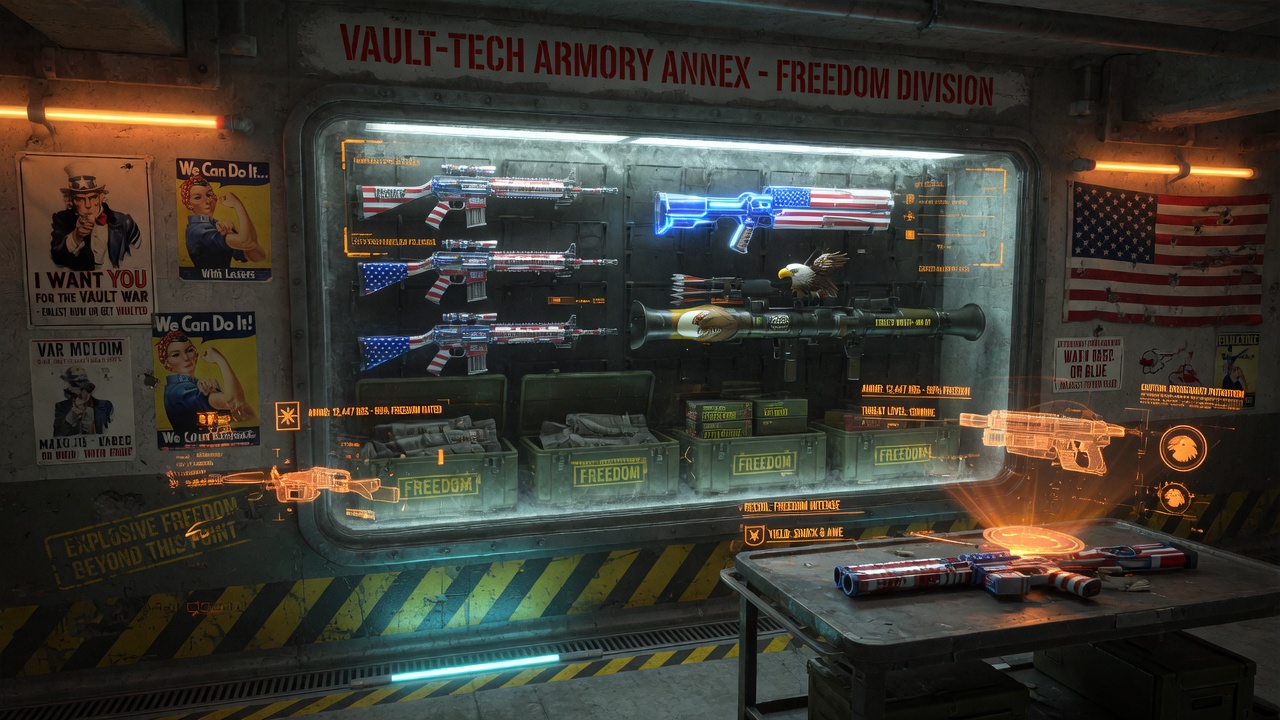 Patriotic bunker armory with energy weapons, holographic HUD, and freedom-stamped crates