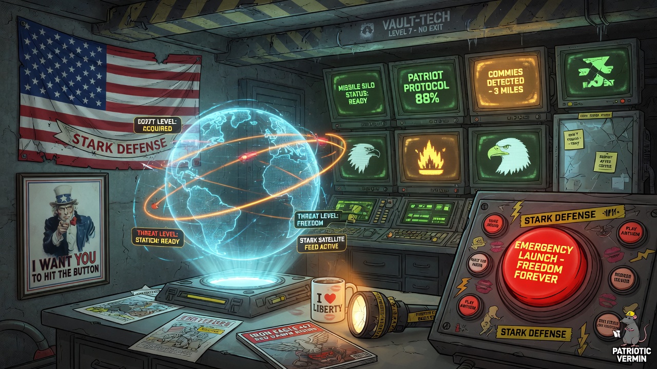 Stark-tech control room with holographic globe and vault-tech panels