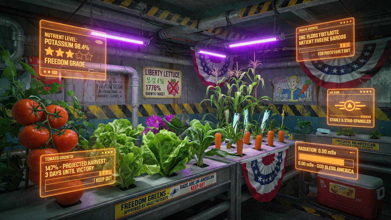 Close-up of bunker hydroponics bay with purple grow lights, vegetables, and orange HUD nutrient readouts