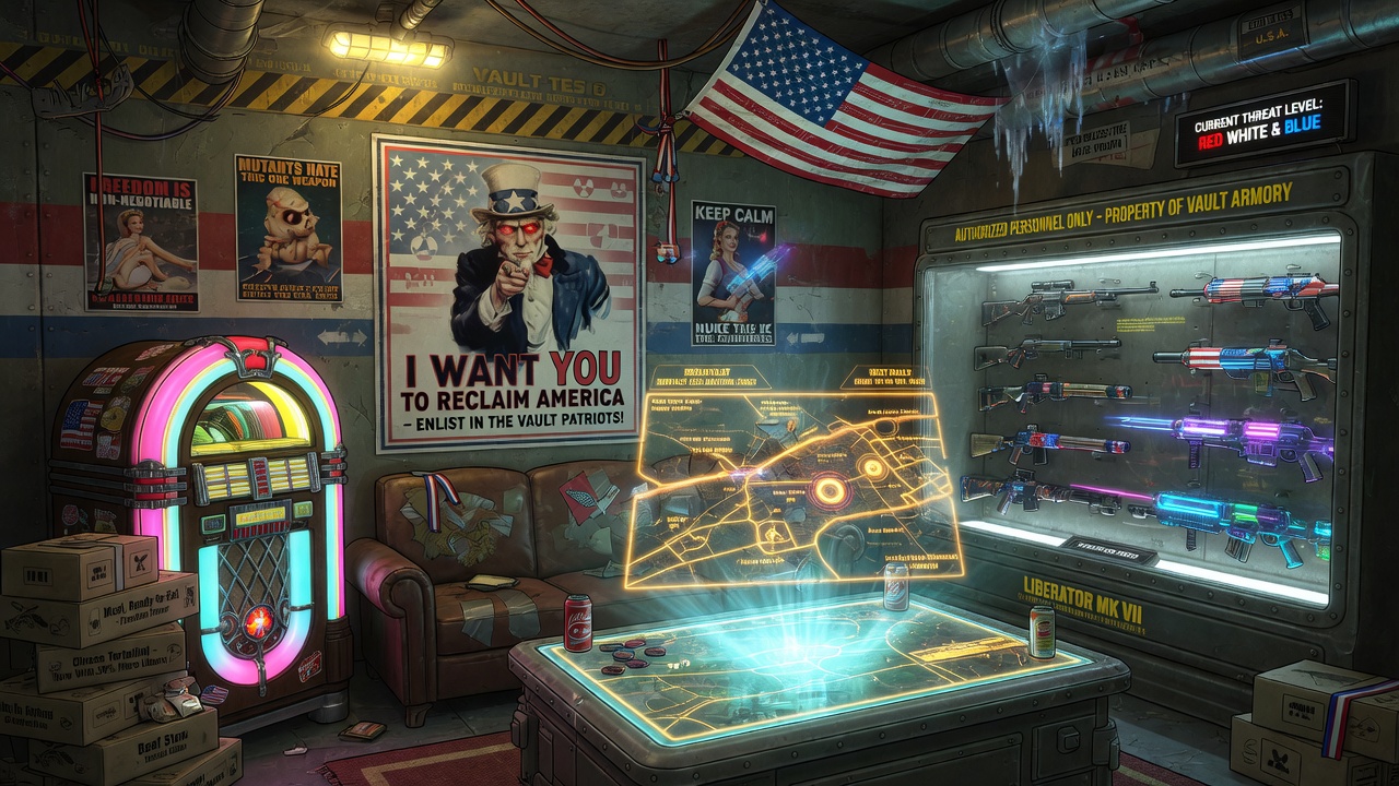 Bunker living quarters with flags, MREs, weapon racks, and holographic map table