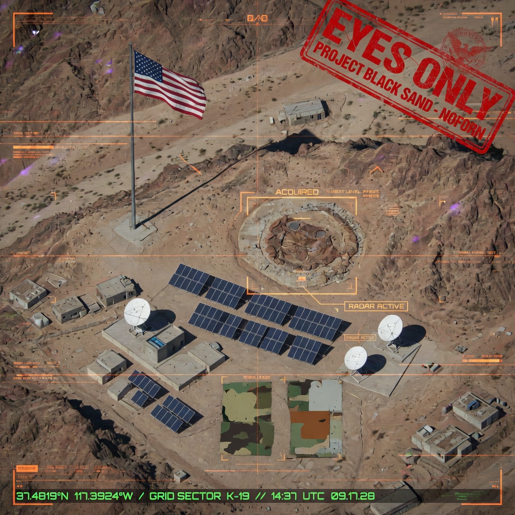 Satellite view of desert mountain compound with HUD overlays