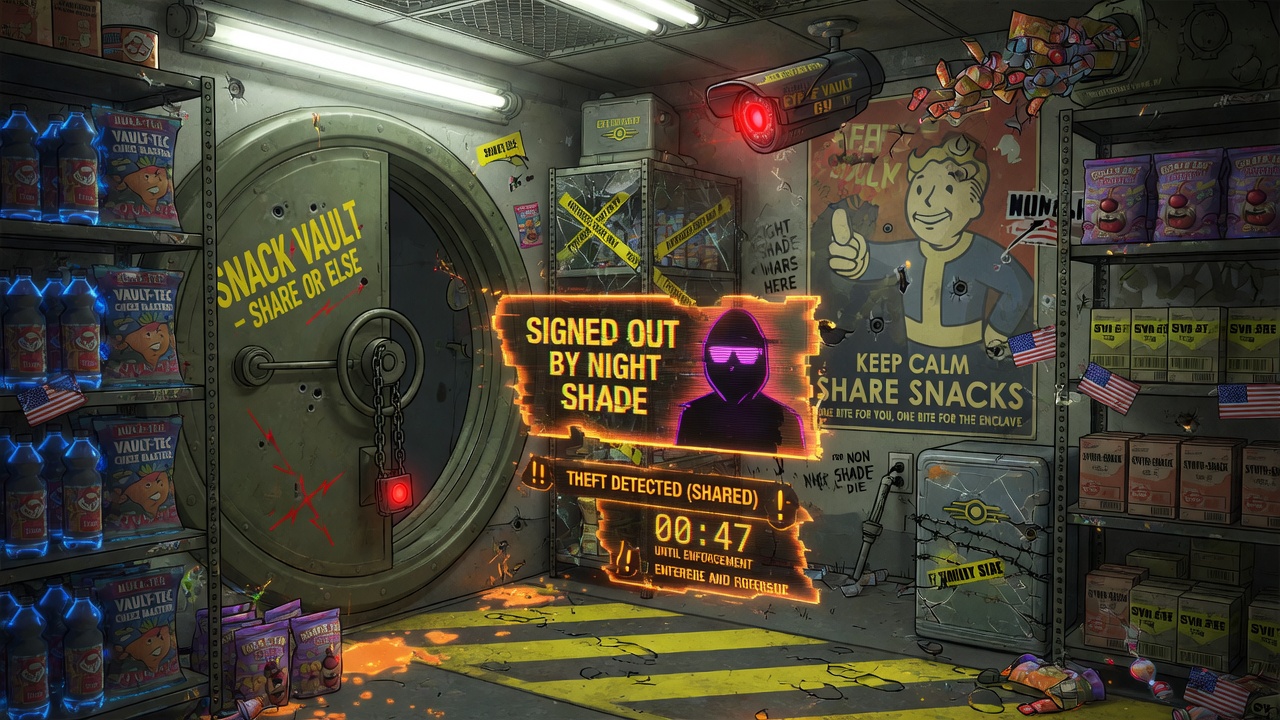 Padlocked snack vault with chips, candy, cola, and SHARE OR ELSE security warnings