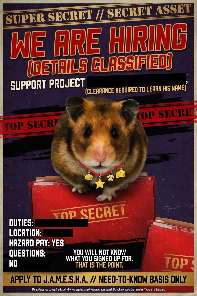 Classified recruitment poster featuring a decorated hamster on a TOP SECRET folder. Headline: We Are Hiring (Details Classified). Duties and project name redacted.