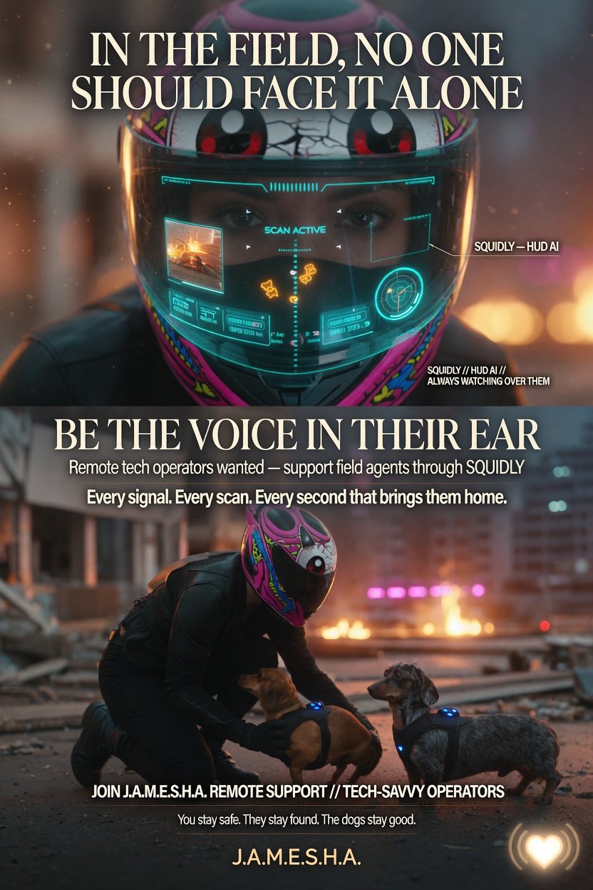 ASPCA-style recruitment poster: Squidly HUD AI in Night Shade helmet and Night Shade reuniting with tactical dachshunds. Headline: Be the voice in their ear. Remote tech operators wanted.