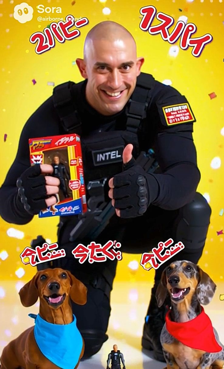 Commander with action figure box and two dachshunds in bandanas
