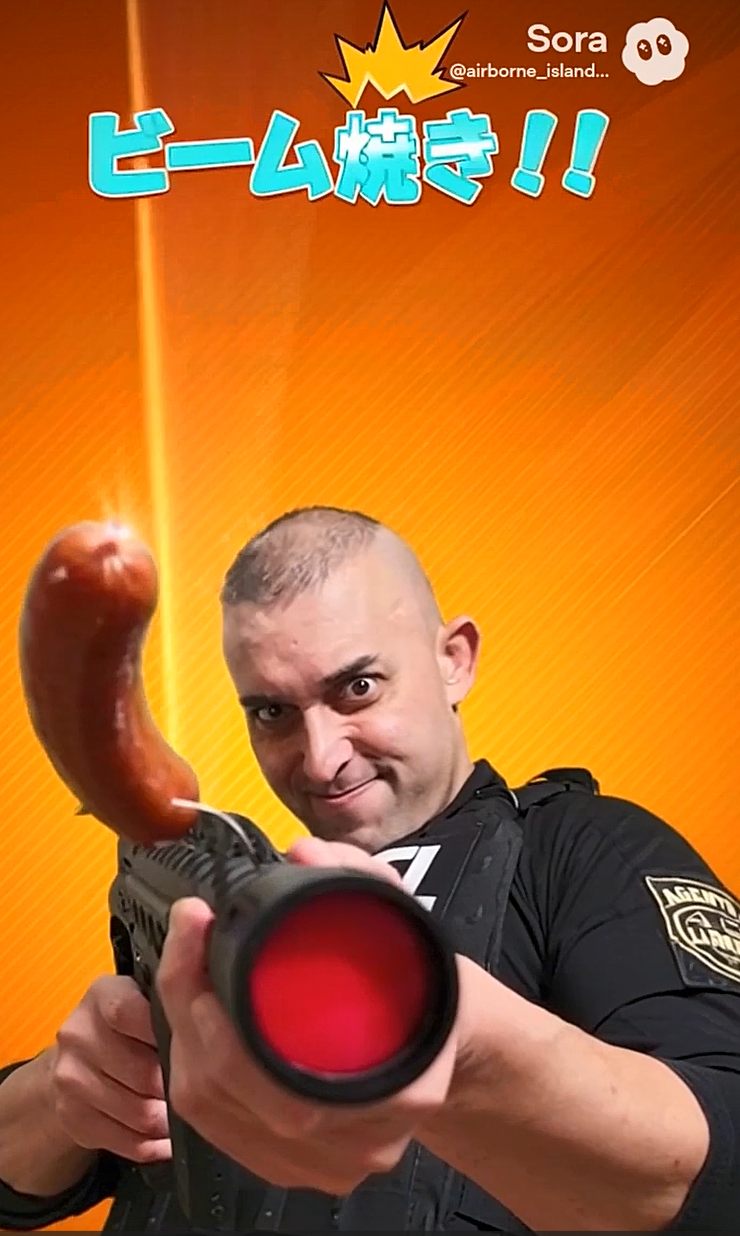 Commander victory pose with Instant Roaster holding a tactical sausage