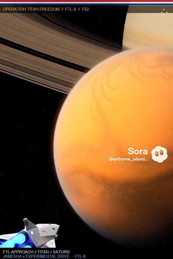 Experimental ship with blue FTL thrusters approaching Titan with Saturn rings in background