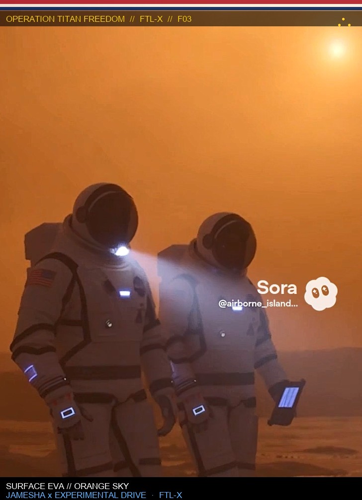 Two astronauts on Titan surface under orange sky