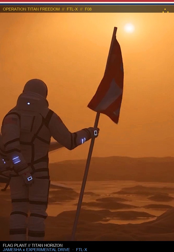Astronaut planting a freedom flag on Titan at sunset
