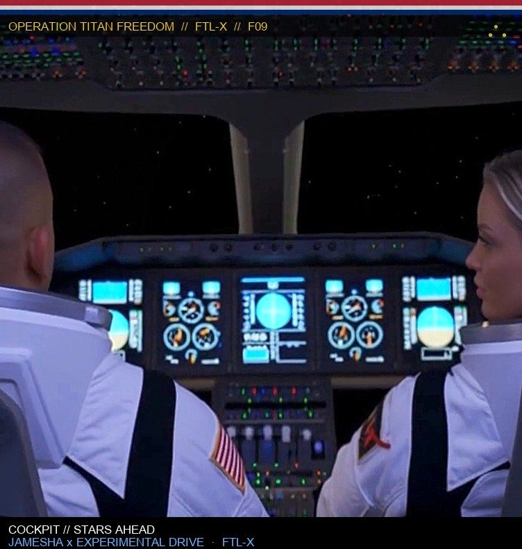 Commander and Night Shade in the experimental FTL cockpit looking at the starfield